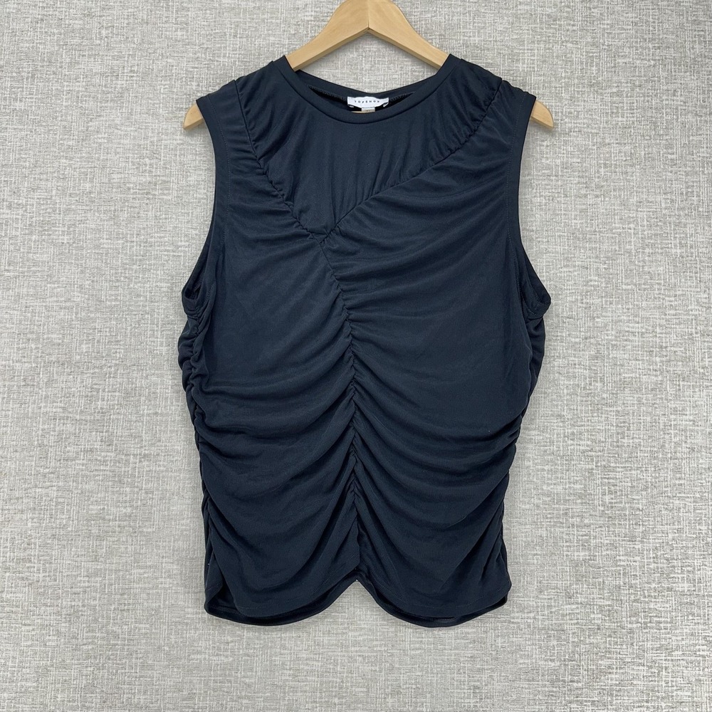 Topshop Tank Top Womens Large Black Ruched Jersey Crew Neck Sleeveless Stretch